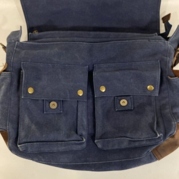 Kattee Canvas Leather Messenger Bag Blue Brown 16” x 15” Camera Weekend - Picture 9 of 10